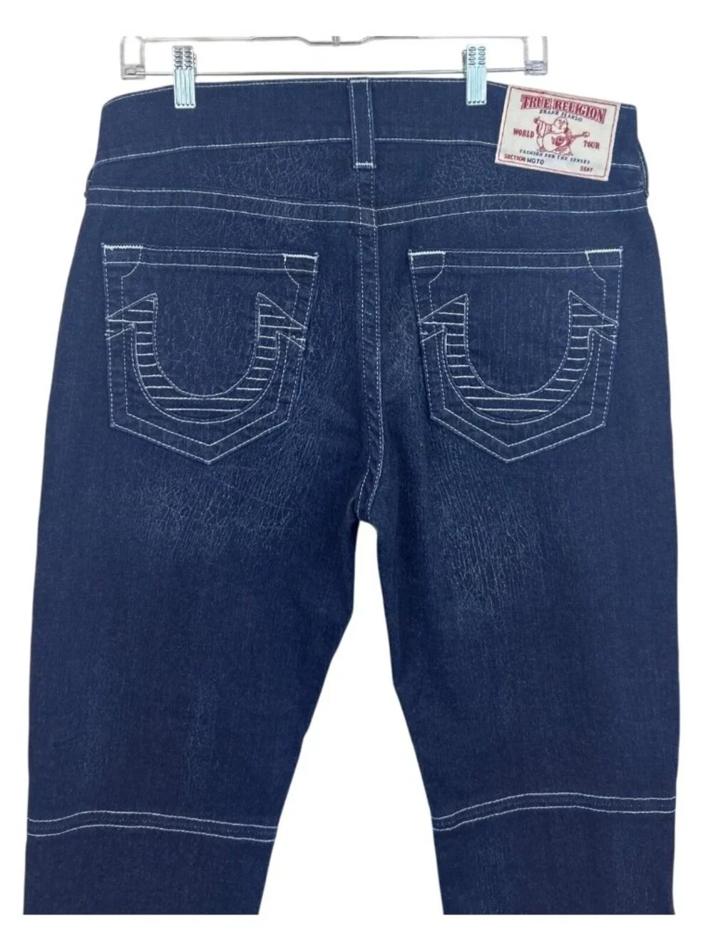 True Religion Moto Skinny Jeans Men's 34x28 Dark Wash Run Stitch Cracked Texture